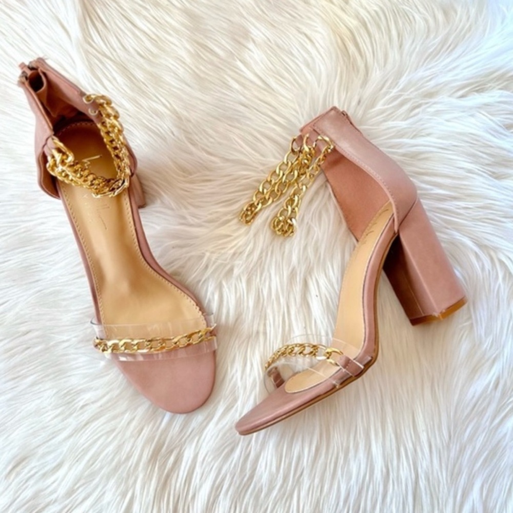 Nicole Miller Gabriella Blush Pink Leather Gold Chain Strappy Chunky Block Heels